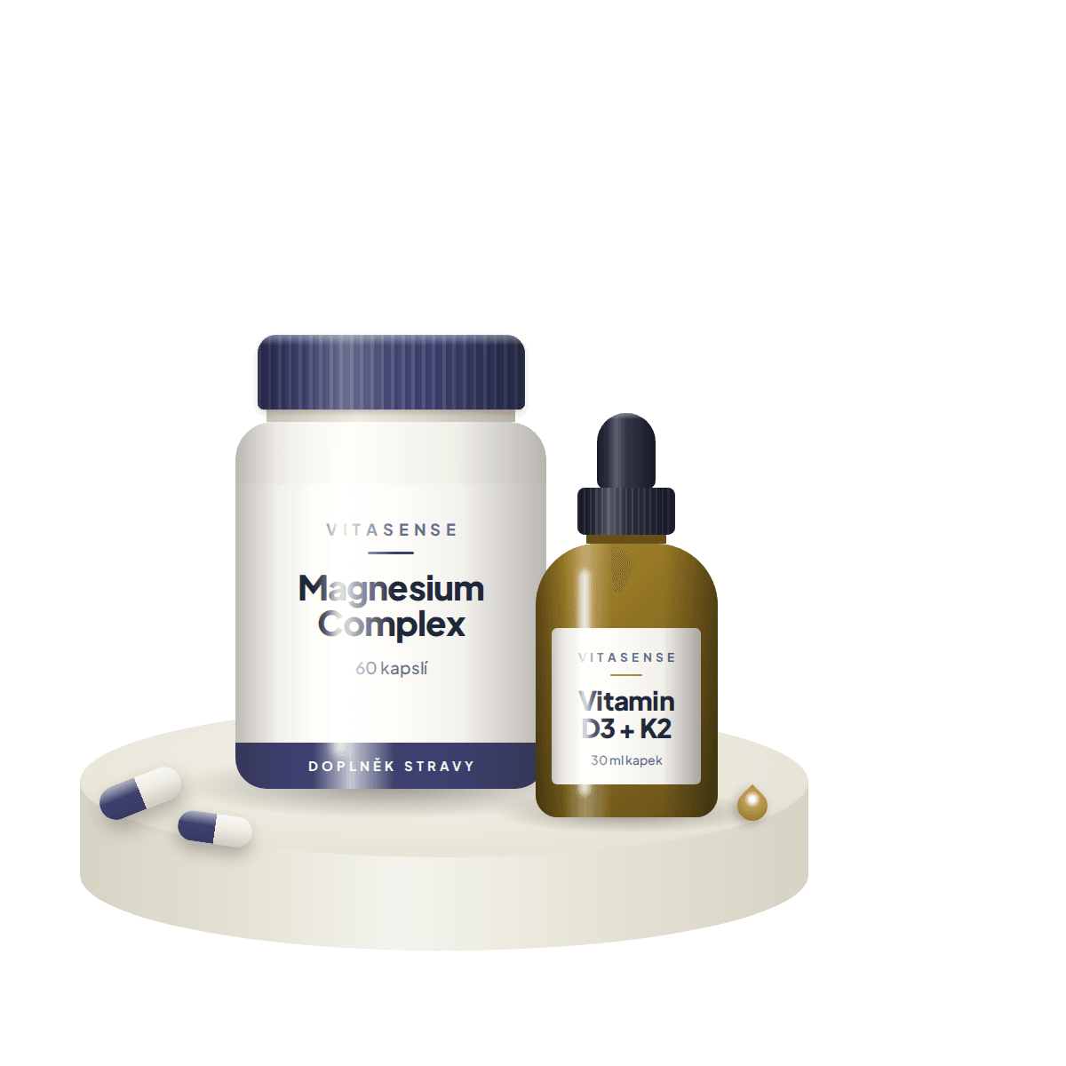 Magnesium Complex a Vitamin D3 + K2 na kamenném podstavci s kapslemi